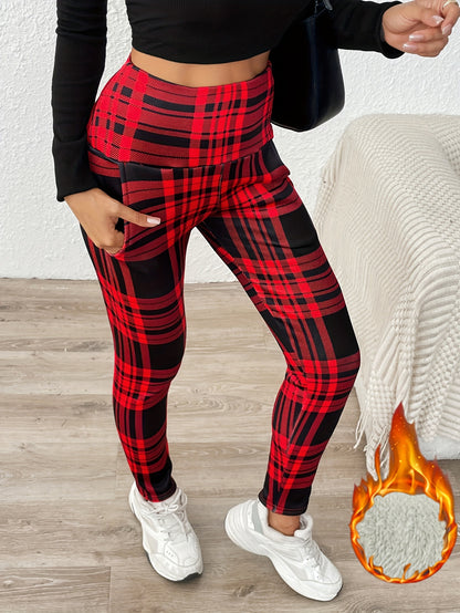 Women'S Thick Fleece-Lined High-Waisted Leggings with Pockets - Cozy Winter Trousers, Elastic Waistband, Straight-Leg Design, All-Season Comfort, Casual Wear