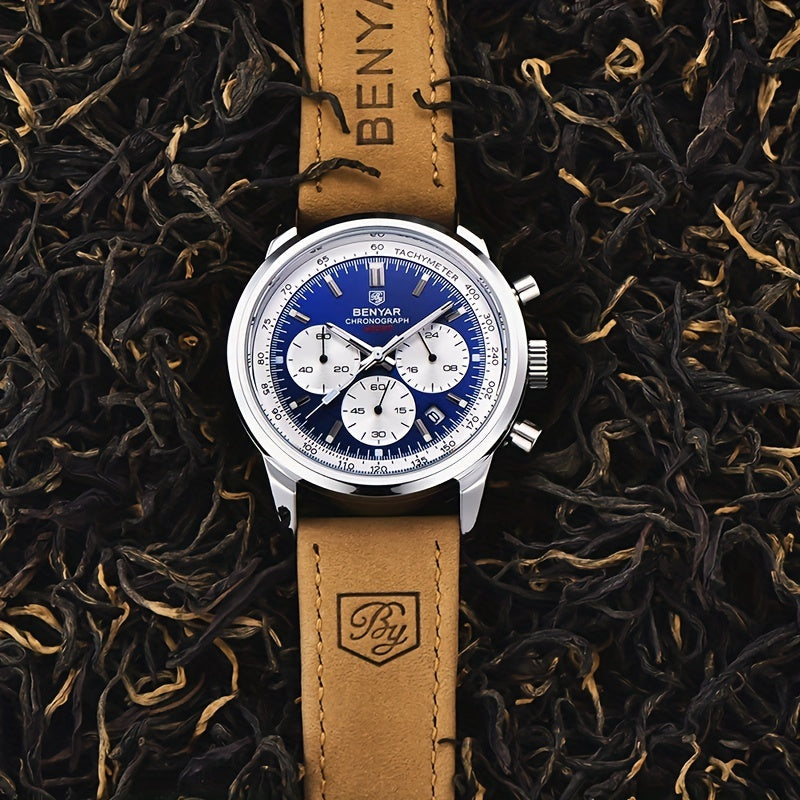 Relógio BENYAR para homem, marca de alta qualidade, desportivo, multifunções, cronógrafo, quartzo, preto, elegante, com calendário e bracelete em pele.