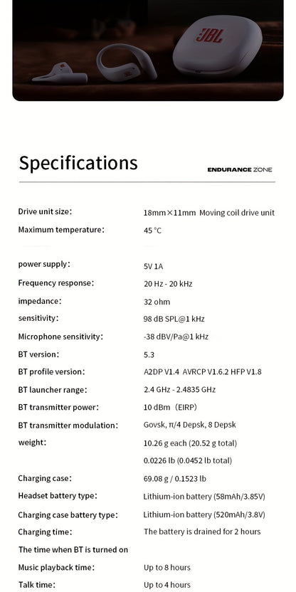 For JBL ZONE True Wireless Open-Ear Sports Headphones, Neckband Wireless Earbuds for Swimming, Cycling, Running, Long Battery Life, High-Quality Sound, Clear Call and Music Output, USB-C Charging, Rechargeable Battery, Black