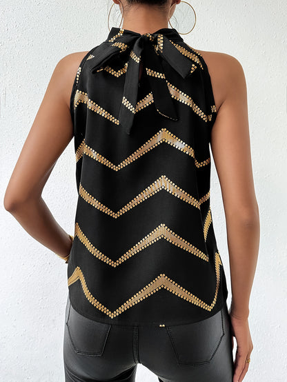 Graphic Print Tie Neck Blouse, Elegant Sleeveless Blouse For Spring & Summer, Women's Clothing