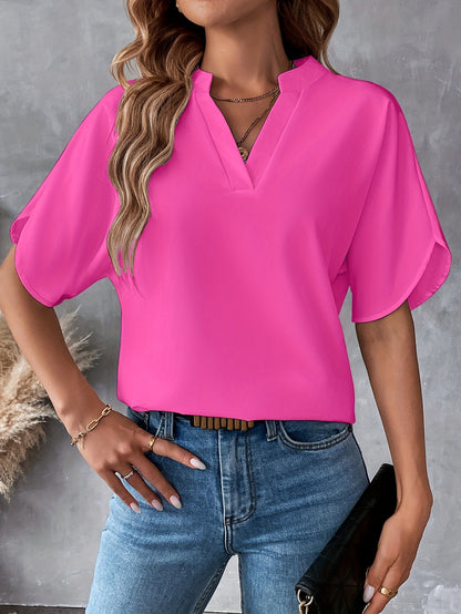 Solid Color Notch Neck Blouse, Casual Short Split Sleeve Blouse For Spring & Summer, Women's Clothing