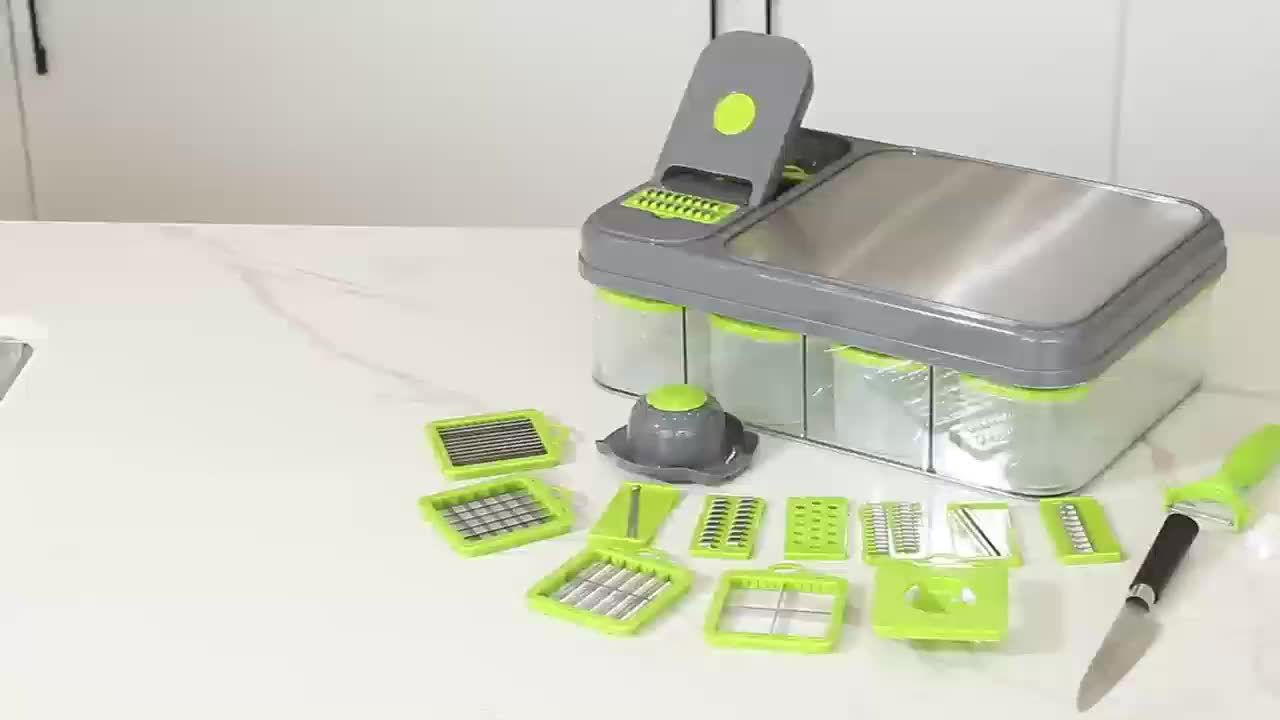 1pc Multifunctional Vegetable Chopping Box with Built-in Cutting Board and Various Blades, Stainless Steel Kitchen Slicer for Fine Slicing, Dicing, Strips, Egg Yolk Separation, Food Storage Container, Vegetable Cutter and Min