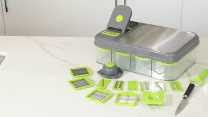 1pc Multifunctional Vegetable Chopping Box with Built-in Cutting Board and Various Blades, Stainless Steel Kitchen Slicer for Fine Slicing, Dicing, Strips, Egg Yolk Separation, Food Storage Container, Vegetable Cutter and Min