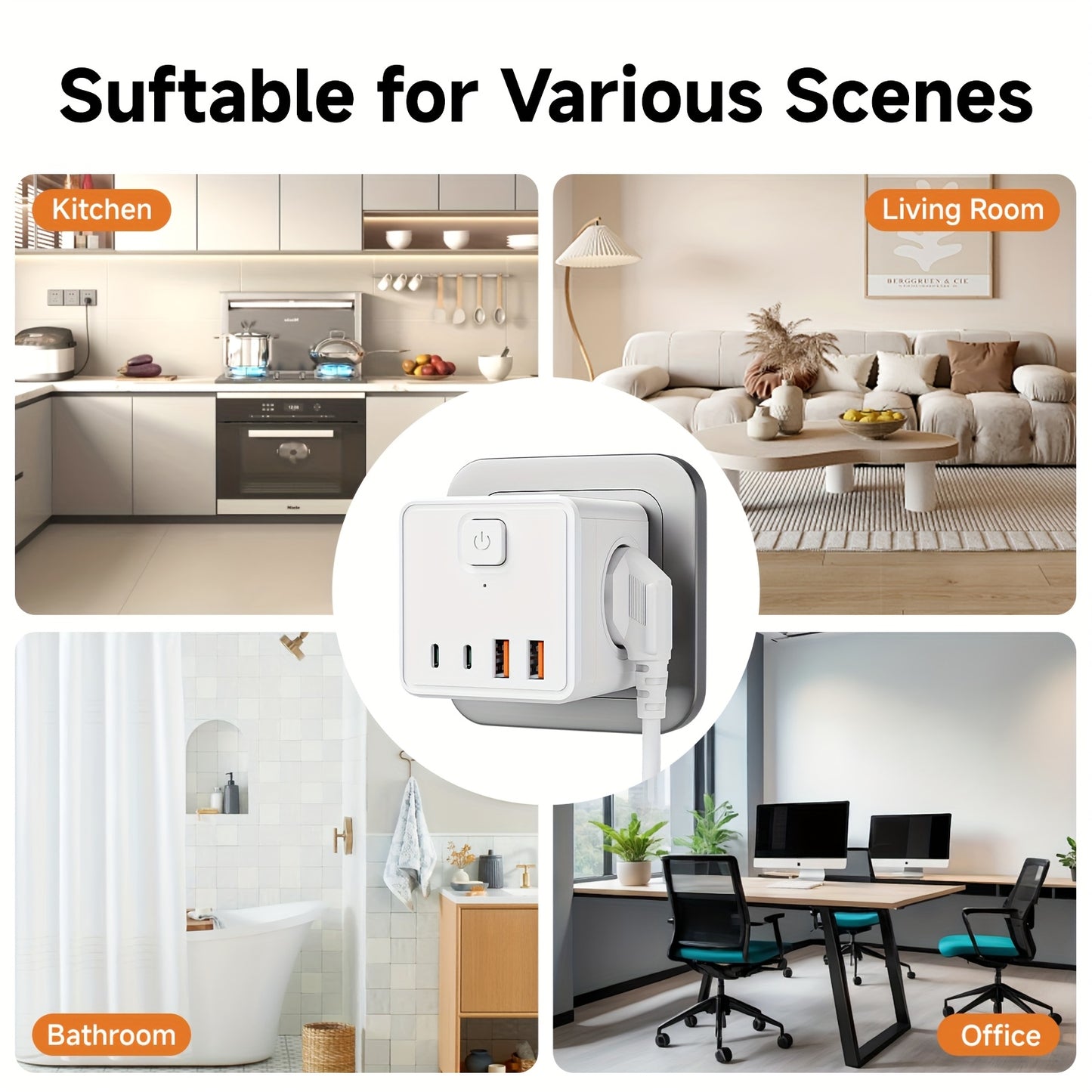 Régua de tomadas de parede 7 em 1, padrão europeu, com 3 tomadas AC, 2 portas USB, 2 portas Type-C e 1 interruptor. Ideal para casa, escritório, viagens e utilização com computador. Disponível nas cores branco e preto.