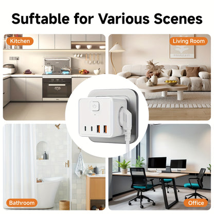 Régua de tomadas de parede 7 em 1, padrão europeu, com 3 tomadas AC, 2 portas USB, 2 portas Type-C e 1 interruptor. Ideal para casa, escritório, viagens e utilização com computador. Disponível nas cores branco e preto.