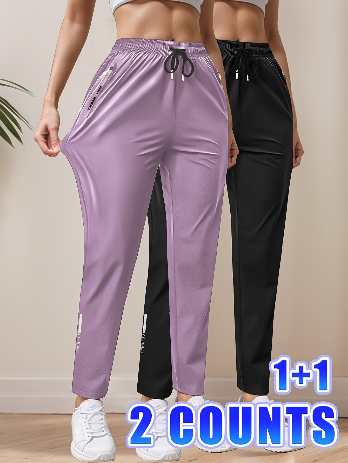 2pcs Women'S High-Waisted Stretchy Leggings with Drawstring Waist & Zipper Pockets - Lightweight Breathable Fabric for Jogging, Cycling, - All-Season Casual, Jogging Pants, Leggings, Sleek Design, Comfortable Fit