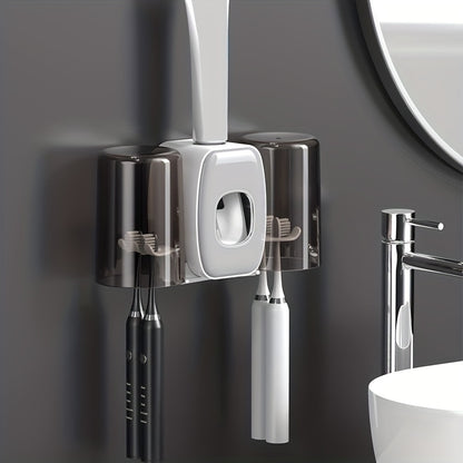 1pc Automatic Toothpaste Dispenser & Brush Holder, Toothbrush Holders With Automatic Toothpaste Squeezer Device For Bathrooms, Toothbrush Organizer With Cup, Wall Mounted Shower Room Decor Set