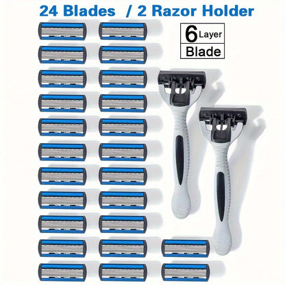 Men's Manual Shaver Set, 2 Handle + 24 Blades, Safety Razor 6-Layers Stainless Steel Hair Removal Shaving Blades Replaceable Shaver Heads, Shaving Tools