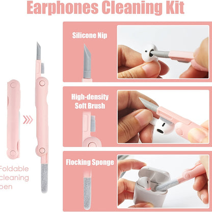 Kit de limpeza eletrónica 7 em 1 com limpador de teclado, escova extratora de teclas, caneta multifunções para limpeza de auscultadores Bluetooth, ferramenta portátil para remoção de pó de ecrãs e telemóveis, computadores portáteis, AirPods e MacBooks.