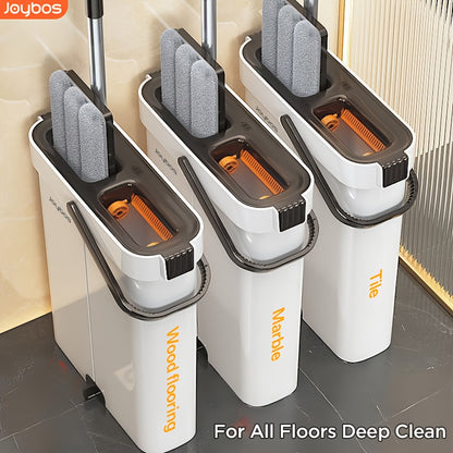 Large Flat Mop And Bucket Set with Wringer, Hands Free Commercial Floor Mop And Bucket for Deep Cleaning, Wet And Dry Use, Wash&Dry Dual Tank, with 2 Reusable Microfiber Pads, Space-Saving Design for Hardwood, Tile, Laminate
