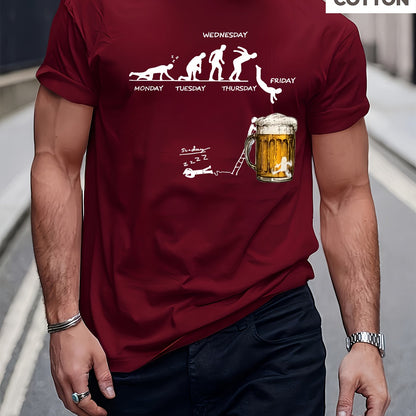 Men'S 100% Cotton Graphic T-Shirt - "Wednesday" Beer Mug Design, Casual Crew Neck, Short Sleeve, Regular Fit, 210g/㎡, Perfect for Barbecues & Parties, Party Tshirt | Playful Design | Durable Fabri