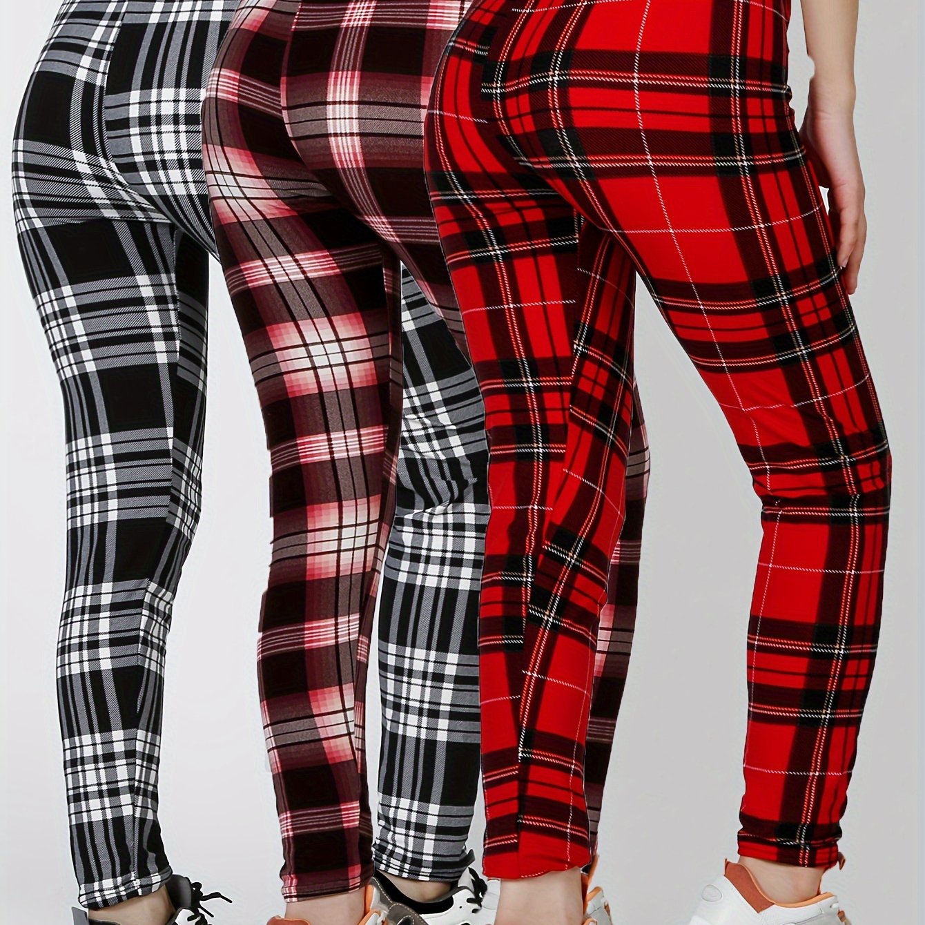 3 Packs Women'S Soft & Stretchy Tight Leggings - Black, White, and Red Plaid Patterns, High Waist, Elastic Waistband, Crop Length, Perfect for Fitness, and Casual Weekend Wear, Casual Wear Leggings|Plaid Pattern Leggings|Stre