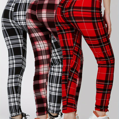 3 Packs Women'S Soft & Stretchy Tight Leggings - Black, White, and Red Plaid Patterns, High Waist, Elastic Waistband, Crop Length, Perfect for Fitness, and Casual Weekend Wear, Casual Wear Leggings|Plaid Pattern Leggings|Stre