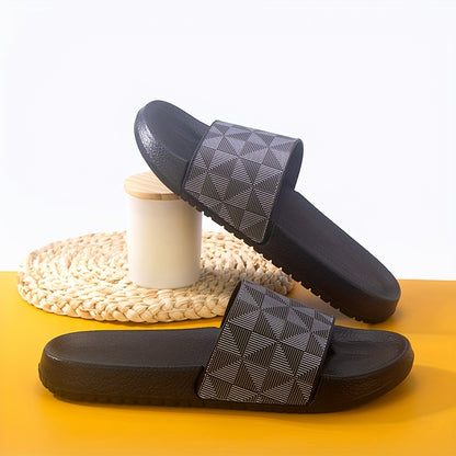 Sandálias de verão tipo slide para homem - Chinelos casuais antiderrapantes com sola macia e estampado geométrico, preto e cinzento, confortáveis ​​para uso interior e exterior.