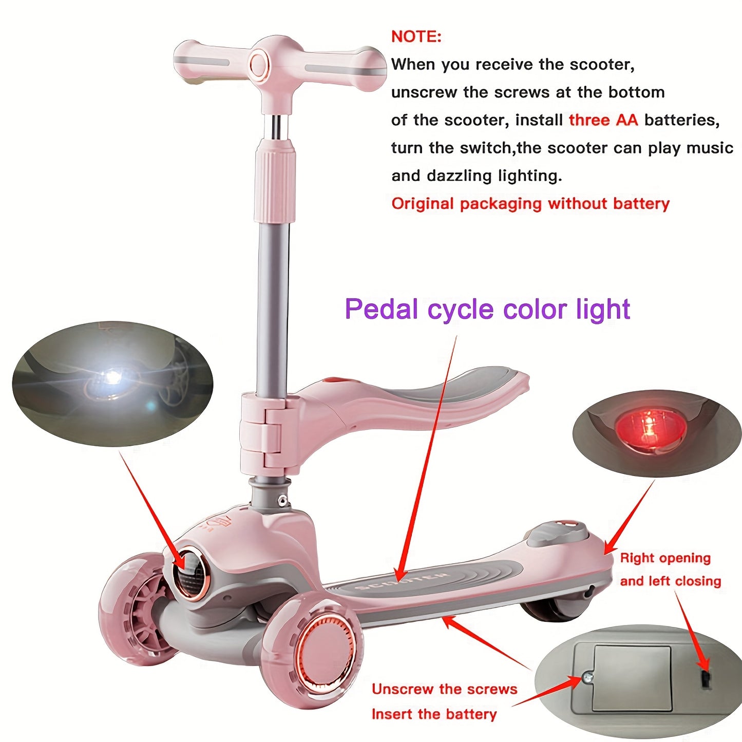 Kids Scooter with Foldable Seat & 2-in-1 Sit & Stand Modes, 5-Level Adjustable Handlebar, Pink with LED Lights & Music, 2-Wheel Stability, Front Brakes & Rear Suspension, Heavy-Duty Construction for Boys & Girls 3-12 Years (B