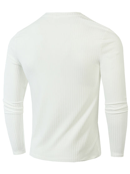 Ribbed Men's Casual Stretch Breathable Lightweight Long Sleeve Round Neck T-shirt For Spring Fall, Running Training
