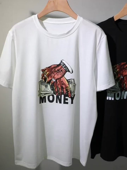 Cartoon Money & Hands Print, Men's Graphic Design Crew Neck Niche T-shirt, Casual Comfy Tees Tshirts For Summer, Men's Clothing Tops For Daily Vacation Resorts