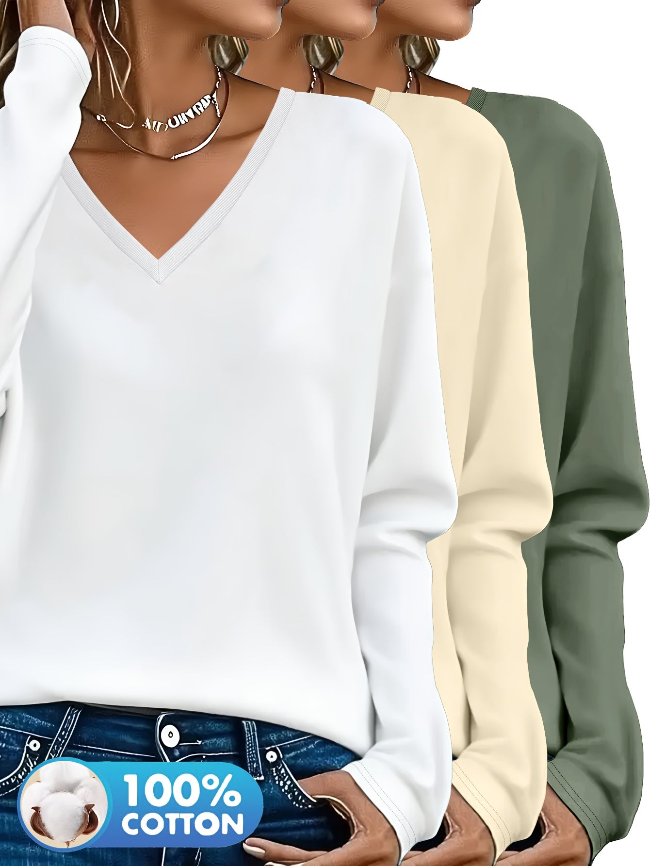 3pcs Women'S 100% V-Neck Long Sleeve T-Shirts - Soft, Durable, and Comfortable Casual Wear for All Seasons, Perfect for Holidays, Graduations, and Everyday Style, Everyday Comfort Wear | Minimalist Style | Soft Fabric Tee