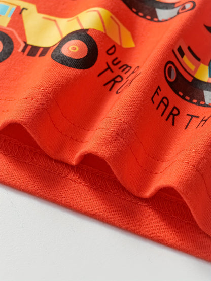 T-shirt de manga curta para criança em algodão com estampa de escavadora de desenho animado, respirável e moderna para o verão.