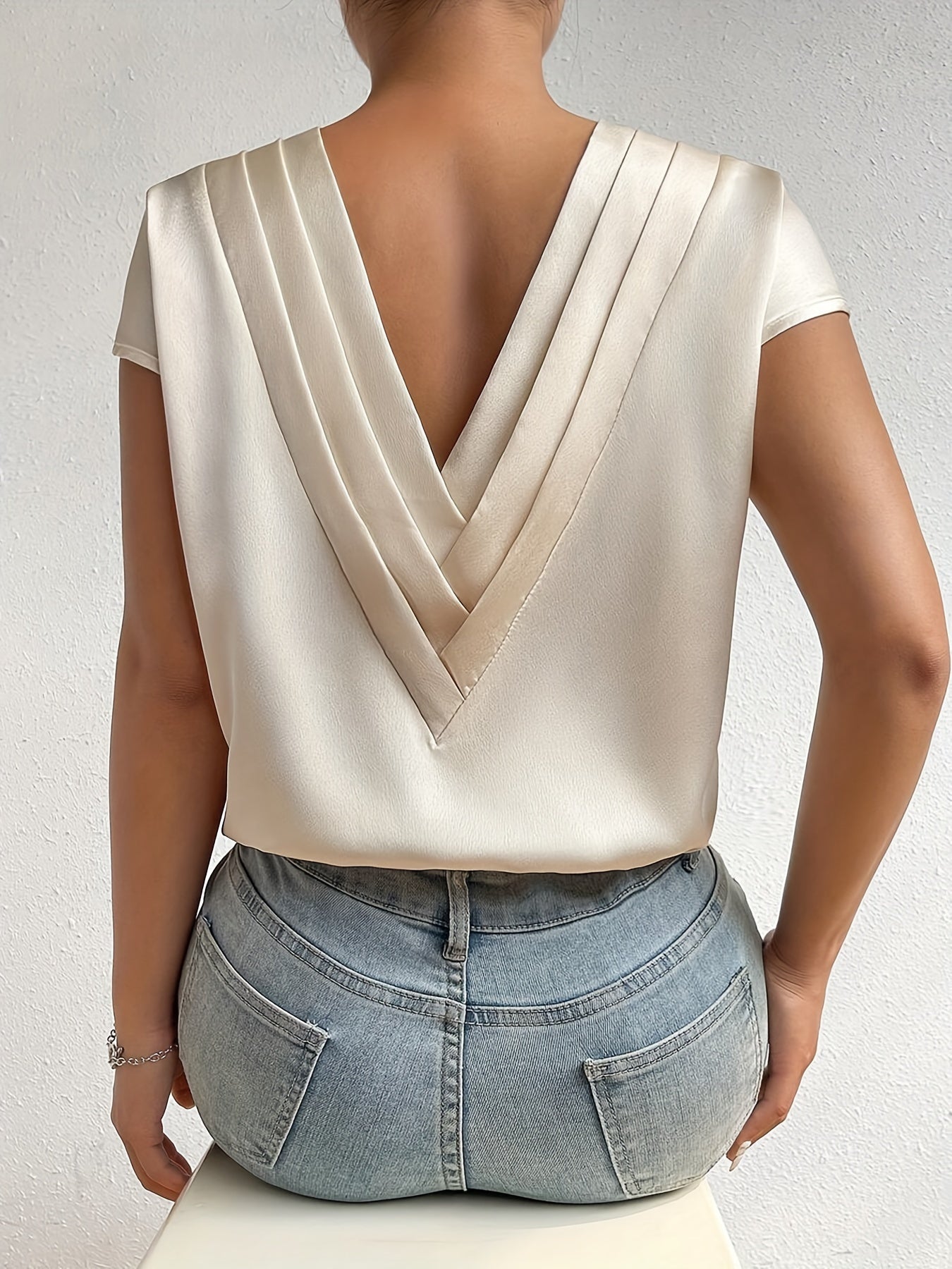 Solid Color V-neck Loose Blouse, Elegant Short Sleeve Blouse For Spring & Summer, Women's Clothing