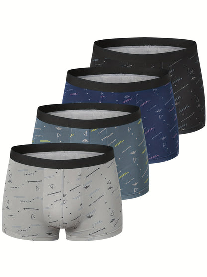 4pcs Men'S Underwear, Polyester, Geometric-pattern, Slight Stretch, Knit Fabric, 115g/m², for Men