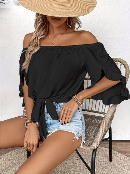 Ruffle Trim Off-shoulder Blouse, Casual Knot Hem Three-quarter Sleeve Blouse For Spring & Summer, Women's Clothing
