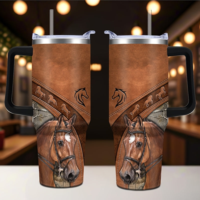 40oz Stainless Steel Horse Tumbler - Double-Wall Insulated Coffee Mug with Lid, Leak-Proof Travel Cup for Hiking & Outdoor Adventures, PVC-Free, Hand Wash Only - Ideal Gift for Equestrians and Animal Enthusiasts