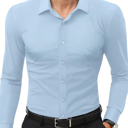 Men'S Slim Fit Long Sleeve Shirt - 55% Cotton, 40% Polyester, 5% Spandex, Solid Color, All-Season, Woven Fabric, Button-Up, Lapel Collar, Casual Weekend Wear, 125g/m²