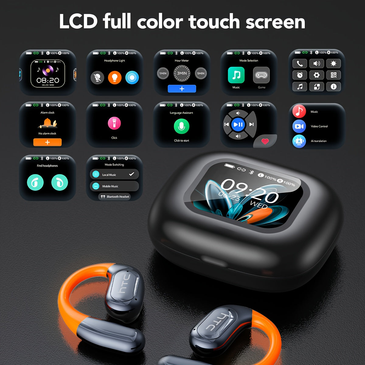 HTC NE27 AI Translation Wireless Earbuds with 134-Language Real-Time Translator, Wireless 6.0, AI- Smart Translator, Noise Cancelling, Transparent Touchscreen Case, Stereo Sound, Long Life for Travel, / Compatible