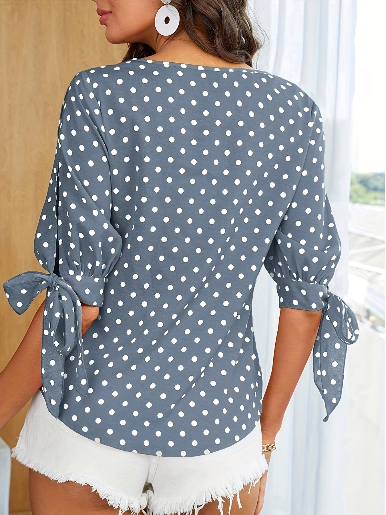 Polka Dot Print Crew Neck Blouse, Elegant Split Sleeve Knotted Cuff Top For Spring & Summer, Women's Clothing