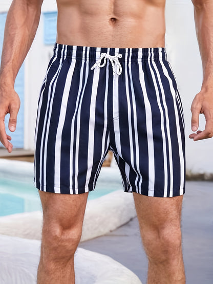 Men's Quick Dry Hawaiian Board Shorts With Pockets, Casual Coconut Tree Graphic Drawstring Swim Trunks For Summer Vacation Beach Pool Outdoor