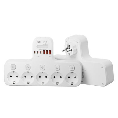 European Wall Power Strip with 5 AC Outlets & 3 USB-A/3 USB-C Ports, Smart Power Strip with Individual Switches, Overload Protection, 3 Lighting Modes & Auto On/Off Timer, EU Plug (220V) for Home, Office, Dorm - Space-Saving