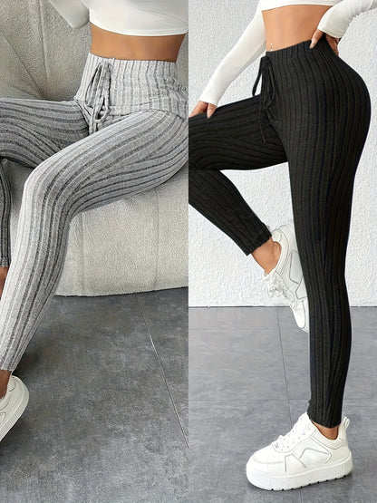 Two-Pack High-Waisted Pants, High Elasticity Solid Color Long Pants for Women, Tummy Control and Body Shaping, Suitable for Daily Wear, Comfortable Women'S Outerwear Leggings, Multi-Pack, Women' Ribbed Two Piece Casual Wide L