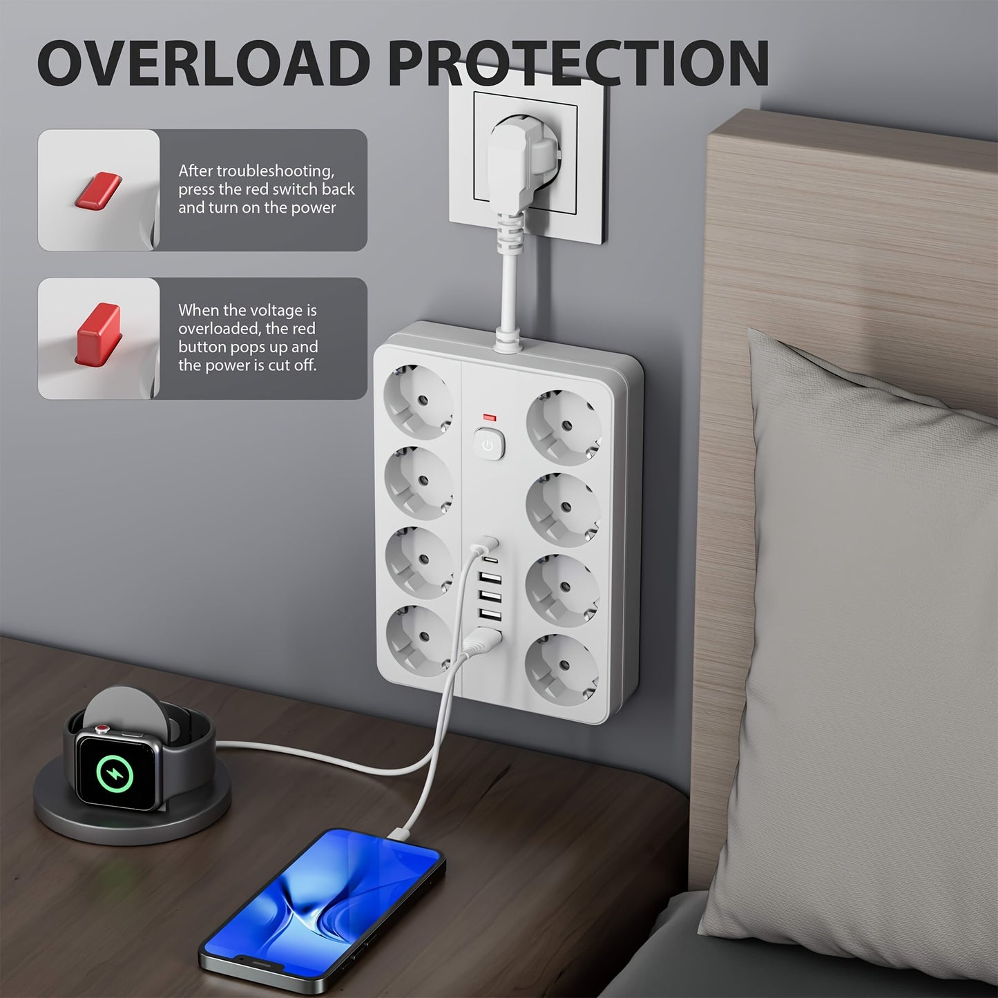 1pc Surge Protector Power Strip - 8 AC Outlets, 4 USB-A & 2 USB-C Ports, Overload Protection, Compact Design for Home, Office, Travel, Dorm Room Use, Office Power Supply, Modern Outlet Design, Surge Protection Device