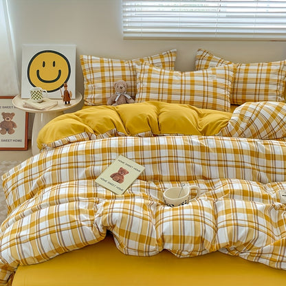 4pcs quilt set (1*quilt cover + 1*bed sheet + 2*pillowcases, excluding quilt core), yellow and white line printed bedding set, soft and comfortable four-season quilt cover, suitable for bedroom and guest room