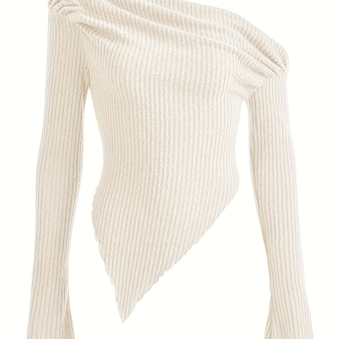 Solid Ruched Asymmetrical Neck T-Shirt, Casual Hanky Hem Long Sleeve Top For Spring & Fall, Women's Clothing