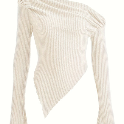 Solid Ruched Asymmetrical Neck T-Shirt, Casual Hanky Hem Long Sleeve Top For Spring & Fall, Women's Clothing
