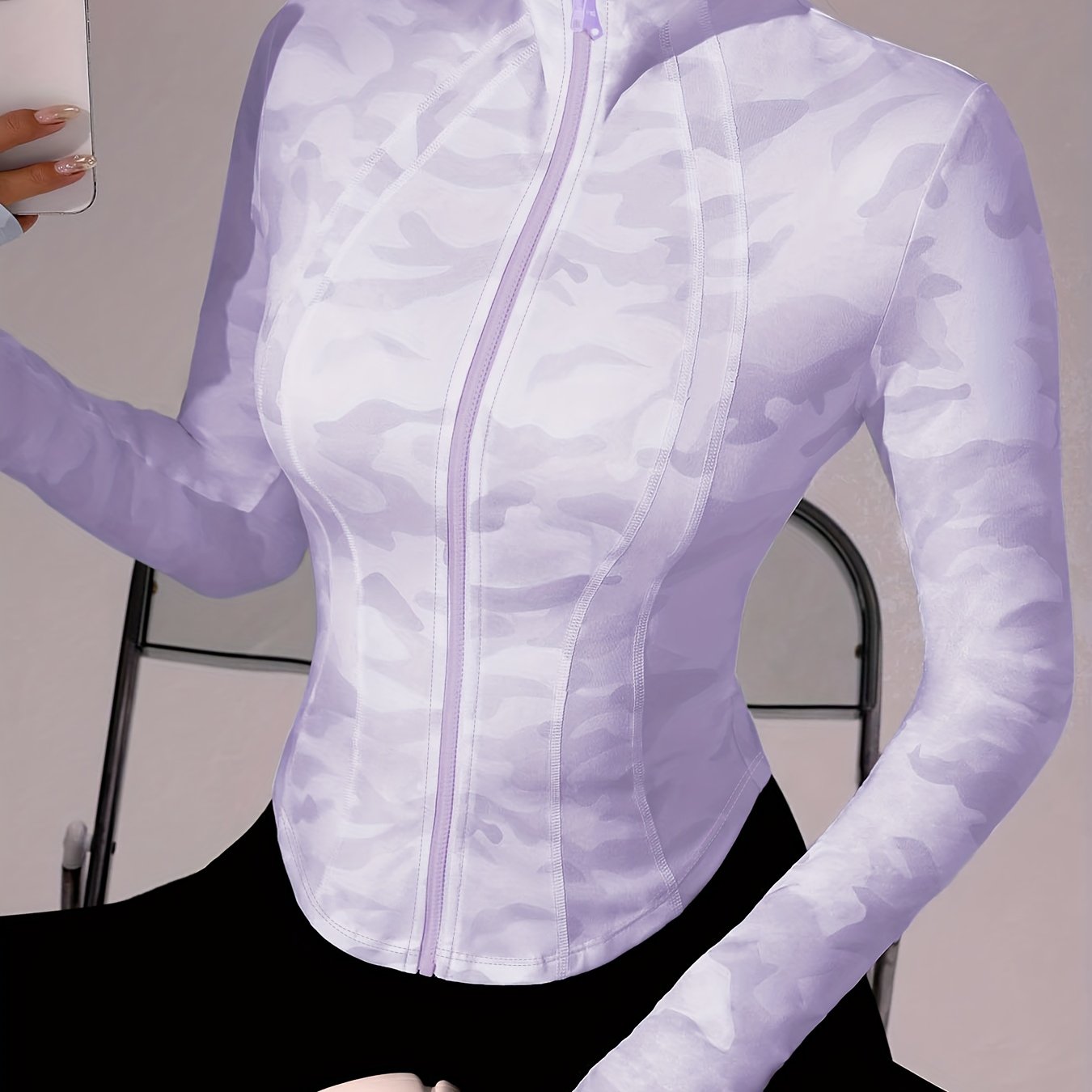 Zip-Up Stand Collar Sports Jacket, Half-Finger Long Sleeve Top with Camouflage Print, Suitable for Outdoor Fitness, Hiking, Golf, Tennis, Badminton, Bowling, Daily Walks and Shopping, Gym/Home Workout, Meditation, Versatile,