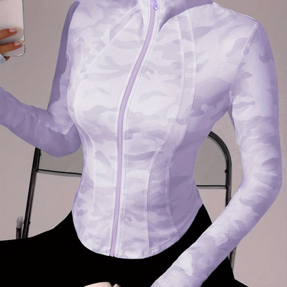 Zip-Up Stand Collar Sports Jacket, Half-Finger Long Sleeve Top with Camouflage Print, Suitable for Outdoor Fitness, Hiking, Golf, Tennis, Badminton, Bowling, Daily Walks and Shopping, Gym/Home Workout, Meditation, Versatile,