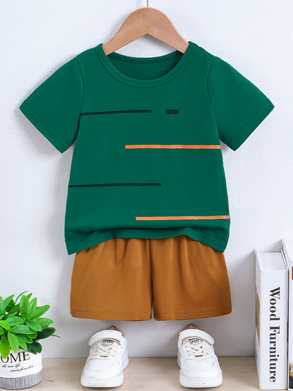 2pcs Set of Boys' Summer Striped Print Round Neck Short Sleeve T-shirt and Casual Shorts