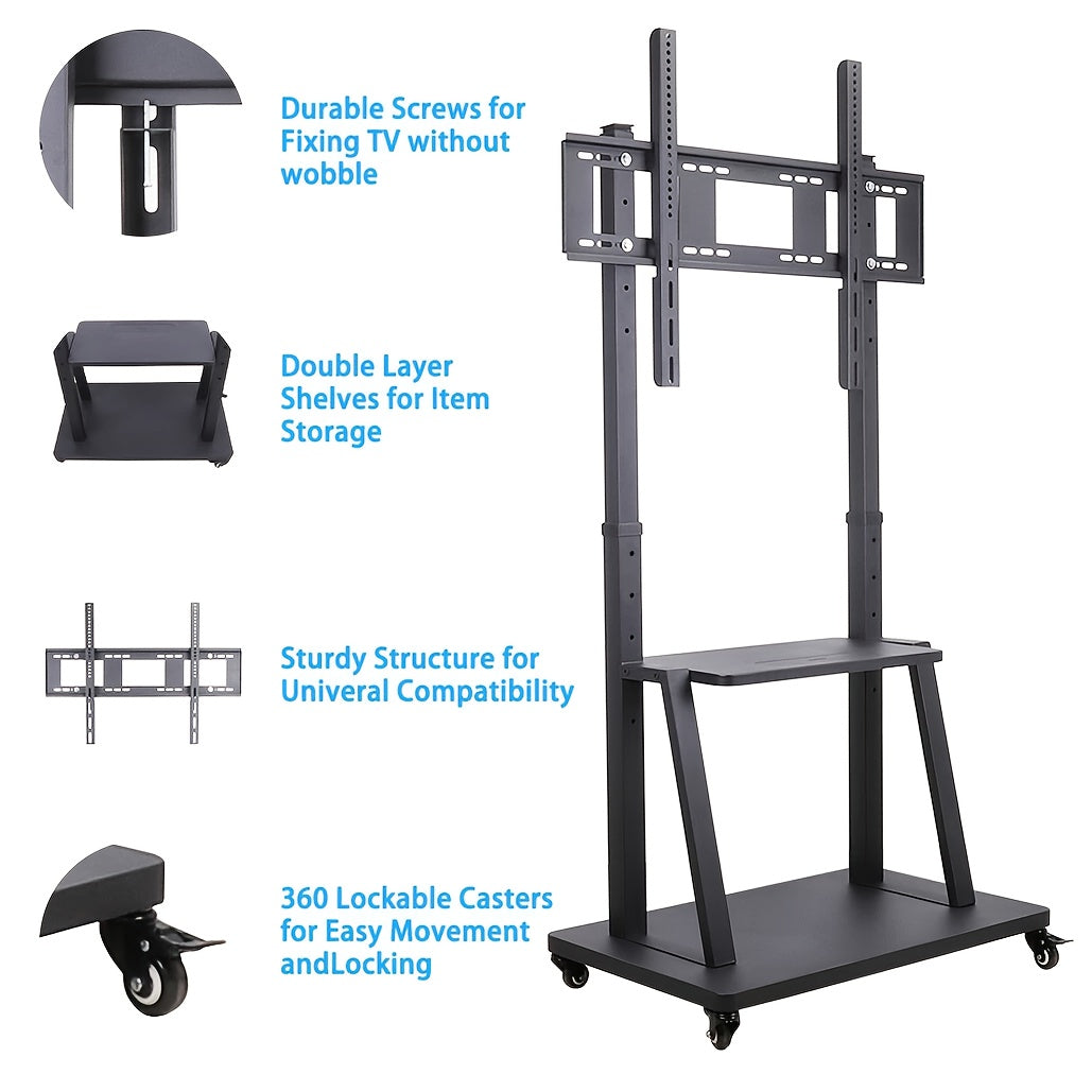 Mobile TV Stand,Rolling TVs Cart on Wheels Height Adjustable Heavy-Duty Floor Stand Base for 81.28-254.0 cm LCD LED OLED Flat Panel Screens Movable Holds up to 79.83 KG with Shelf, Portable Tv Stand, Tv Unit for Living Room,