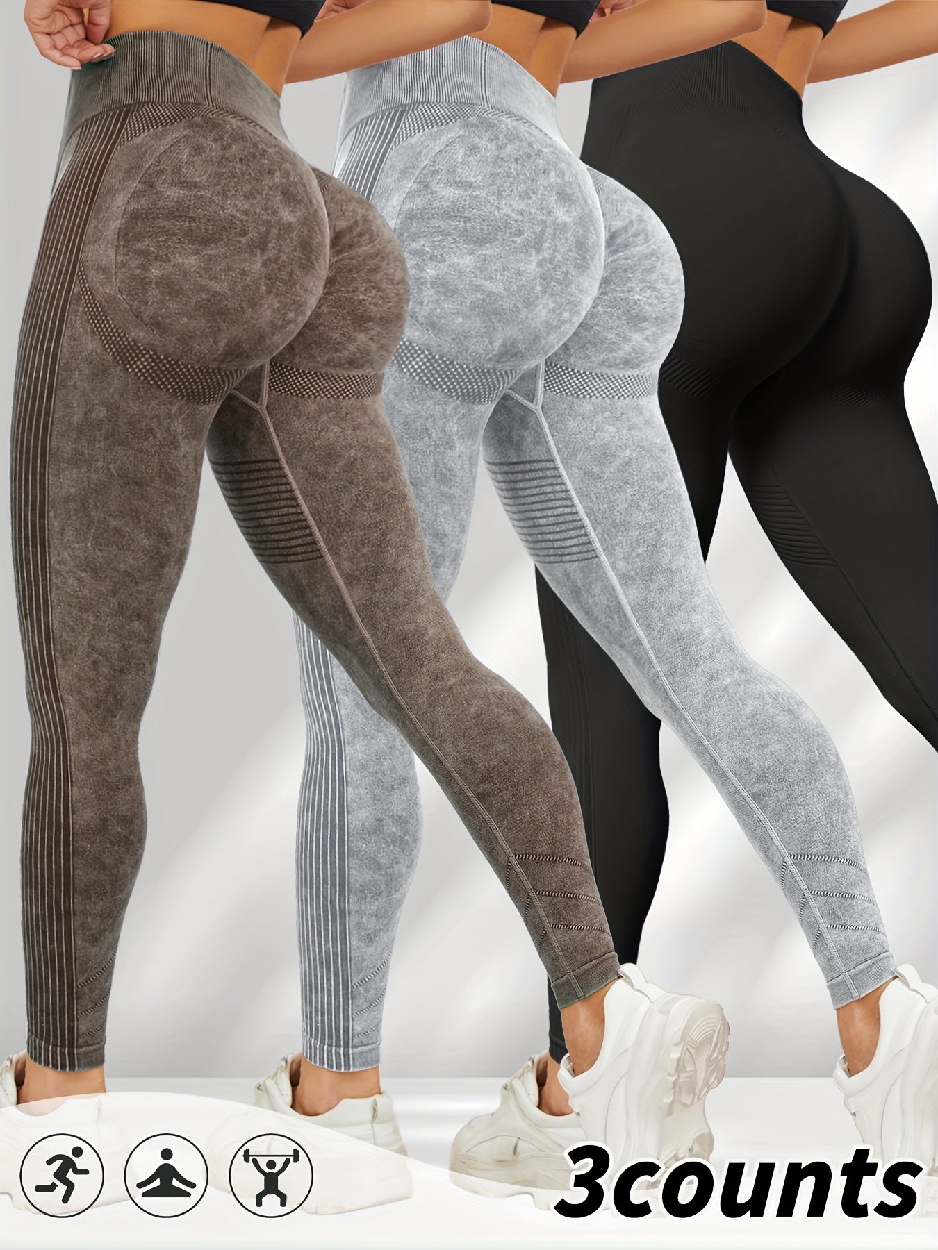 Women'S 3pcs High-Waisted Yoga Pants with Textured Surface, Stretchy & Comfortable - Beige, Black, Gray - Perfect for Fitness, Workouts & All-Season Wear, Workout Leggings | Minimalist Design | Stretchy Fabric