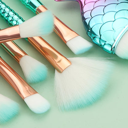 11pcs Mermaid Makeup Brush Set - Fish Tail Design, Nylon Bristles for All Skin Types, Fragrance-Free Beauty Tools