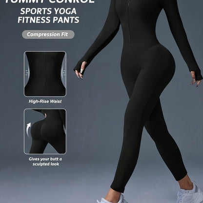 Women's Full-Length Zipper Jumpsuit - Full-Body Compression-like Fit (Tummy Control) - High-Elasticity Slim-Fit Long Sleeve Athleisure Suit for,, Dance - All-Season Outfit ( swear) - Easy-Care (No Bulk) -