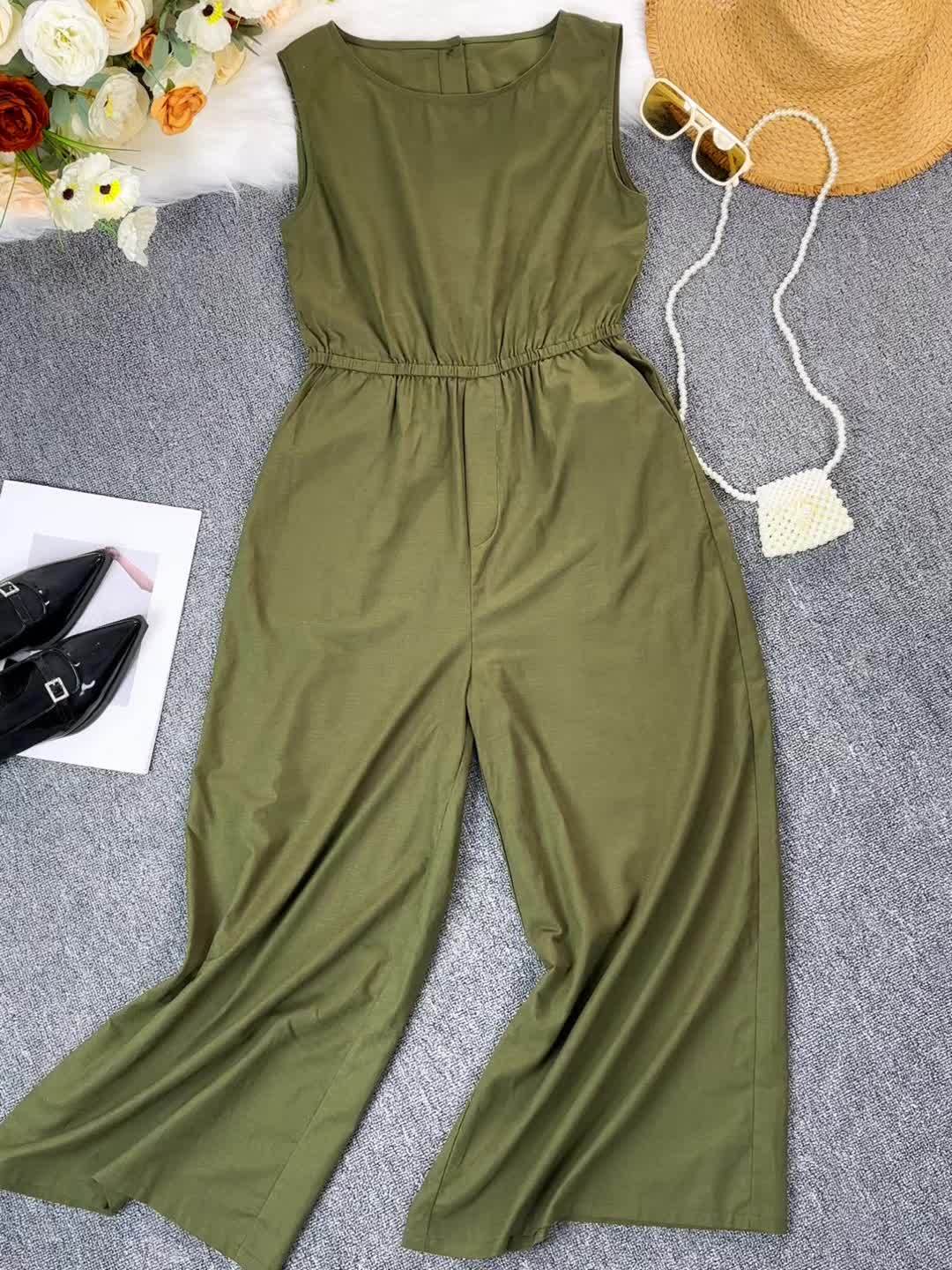2025 New Women's Olive Green -Linen Sleeveless Casual Dress with Button Front - Round Neck Machine-Washable Summer Dress for Spring/Summer Outfits