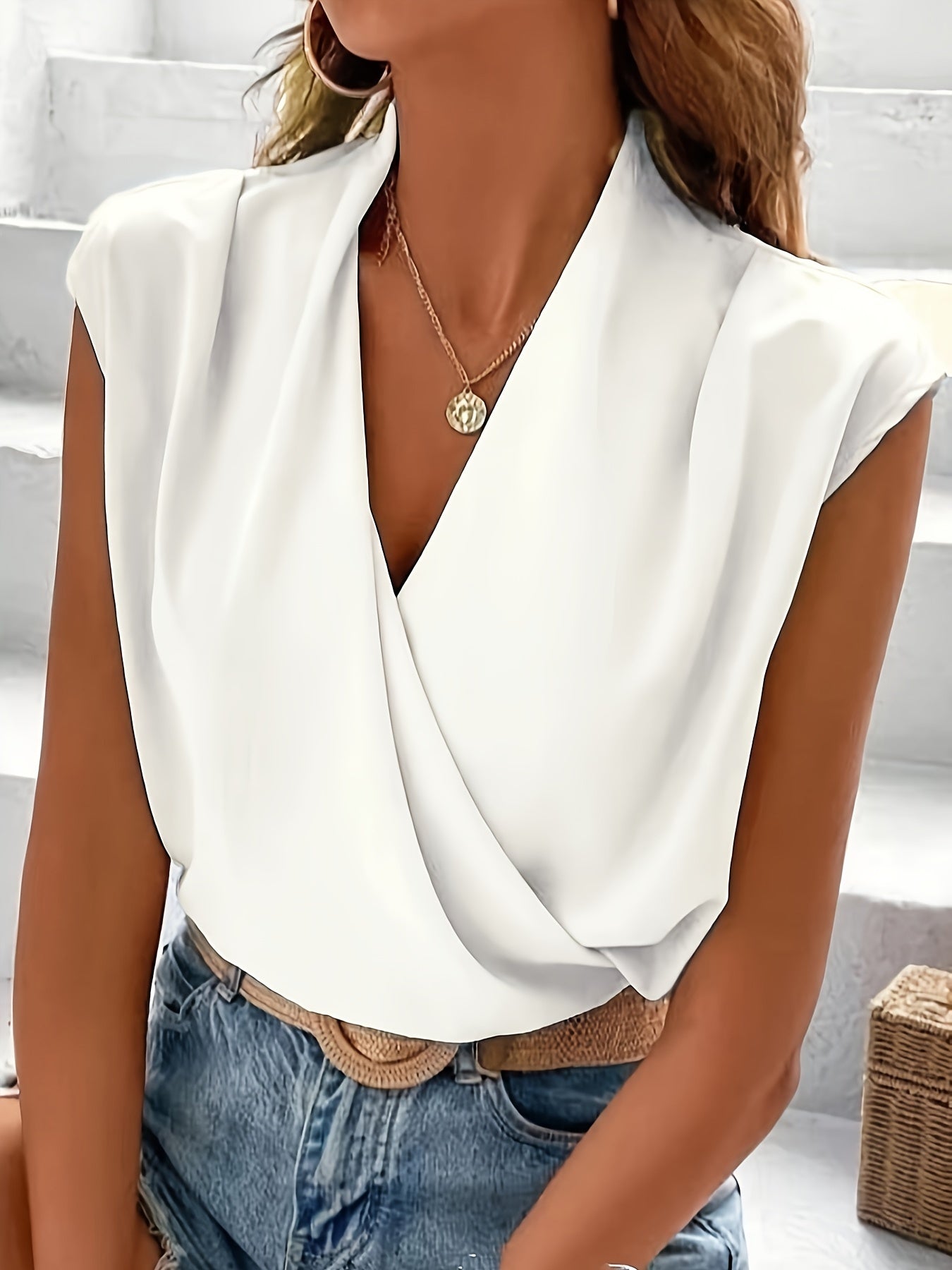 Solid Color Surplice Neck Blouse, Casual Sleeveless Top For Summer, Women's Clothing