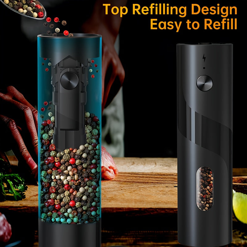Two-piece portable electric pepper and salt grinder set, with base, USB charging, one-handed operation, adjustable coarseness, 300mAh battery capacity, interchangeable design, essential kitchen helper for cooking, perfect too