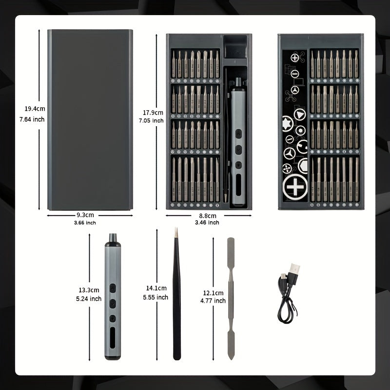 Chave de fendas elétrica 68 em 1 melhorada com 5 níveis de binário (0,1-0,5 Nm), conjunto de precisão com bateria recarregável de 350 mAh e luz LED, ferramenta para reparações domésticas em telemóveis, relógios, câmaras e computadores portáteis.