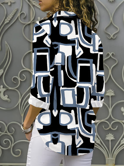 Geo Print Button Front Shirt, Casual Long Sleeve Blouse For Spring & Fall, Women's Clothing