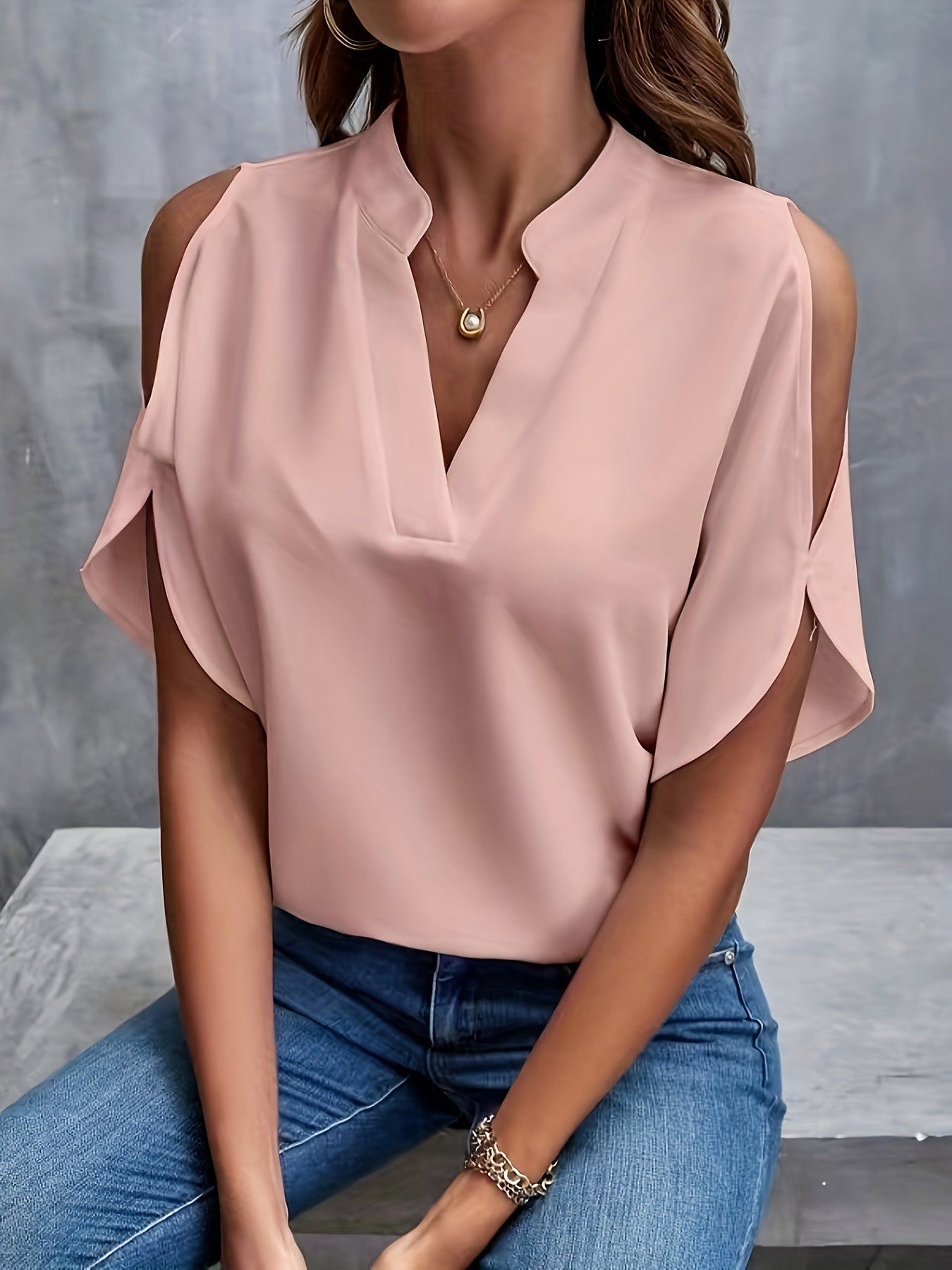 Solid Notched Neck Simple Blouse, Elegant Split Sleeve Blouse For Spring & Summer, Women's Clothing